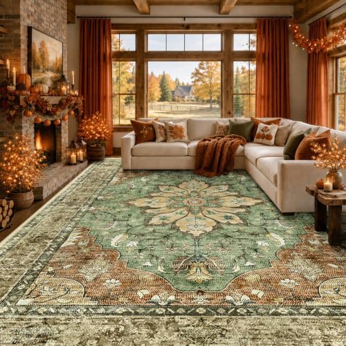 RELEANY Washable Area Rug, Large 9'x12', Brick/Brown/Green - Image 2