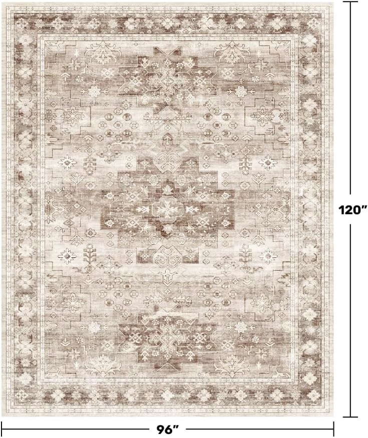 Washable Farmhouse Living Room Rug, 8x10 Area Rugs for Bedroom, Dining Room Under Table Carpet, Kids Room, Large Boho Vintage Non-Slip Floral Rugs Low Pile Stain Resistant (8x10 Beige/Latte) - Image 2