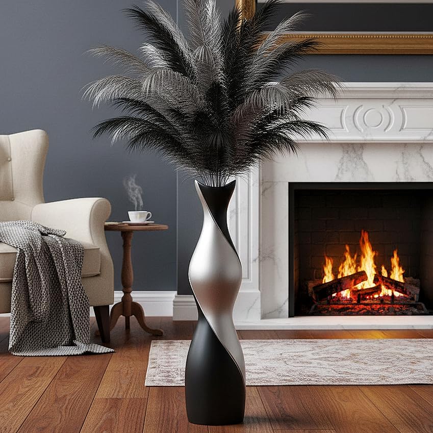 Matte Black & Silver Two-Tone Floor Vase, 24 Inch Modern Decorative Vase for Pampas Grass, Feathers, Dried Reeds, Contemporary Home Decor for Living Room, Office, Fireplace - Resin by Luystoka
