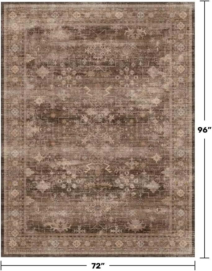 Hazo Haus Boho Brown Living Room Rug 6x8 - Modern Vintage Traditional Oriental Taupe Neutral, Washable Low Pile Non-Slip Extra Large Area Rugs for Dining Under Table Bedroom Lounge - Image 2
