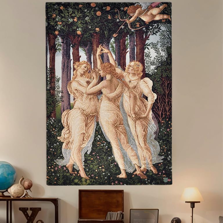 AureoMadis Jacquard Woven Tapestry Wall Hanging, Botticelli Three Graces (Primavera), Vintage Renaissance Medieval Home Decor, 28.5x42 inch, Fully Lined with Dual Rod Pockets (Yellow：Three Graces-with lining) by Unknown