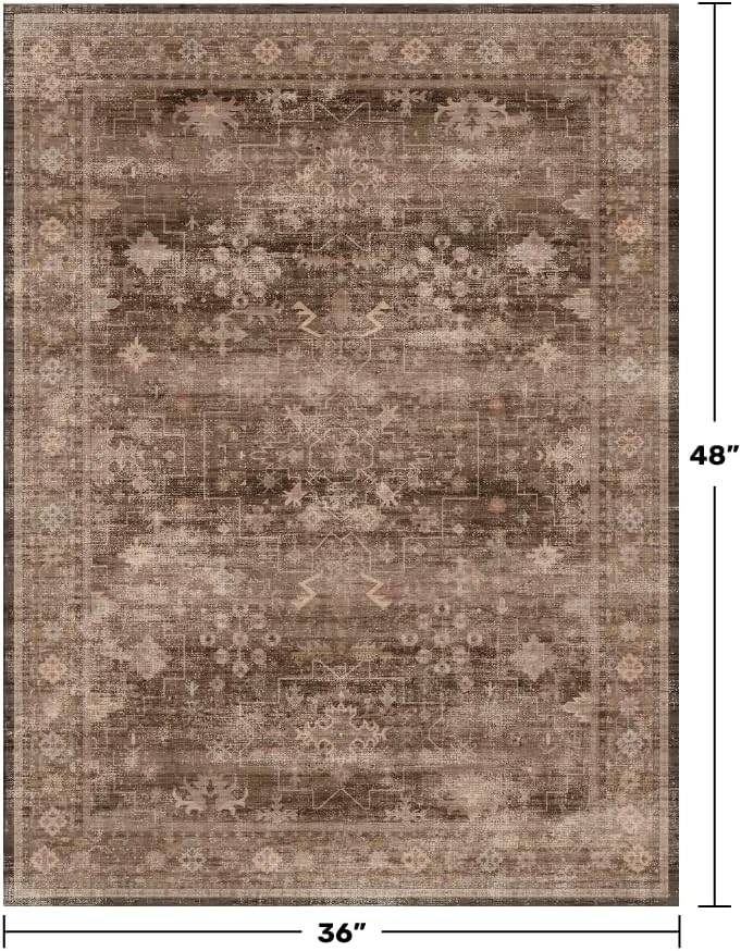 Brown Boho Washable Entry Rug, 3x4 Rugs for Entryway Kitchen Bathroom Door Mat Indoor Entrance, Non Slip Rubber Backing, Stain & Fade Resistant, Earthy Taupe Floral Design - Image 2